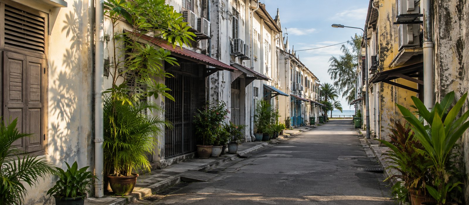 Lorong kedai gaya Kuantan tanpa papan huruf, plaster dan karat